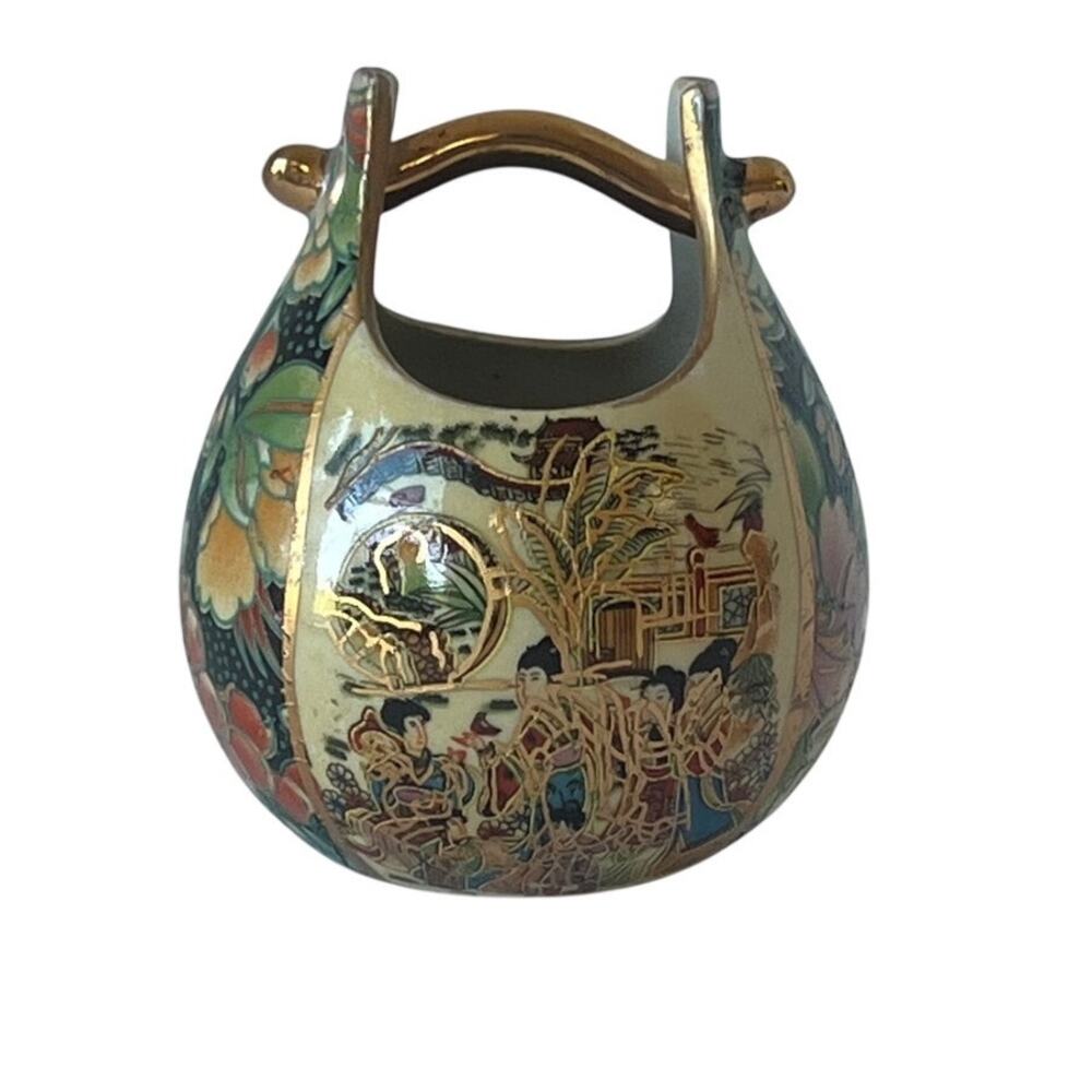 Vintage Satsuma Style Hand Painted Basket Vase Gold Moriage Bucket Japan 4.5in